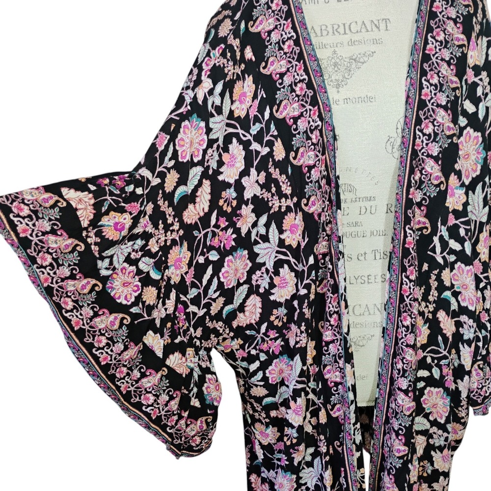 ANGIE‎ Open Kimono Wrap Cover Up Womens Medium Floral Bohemian Bell Sleeve